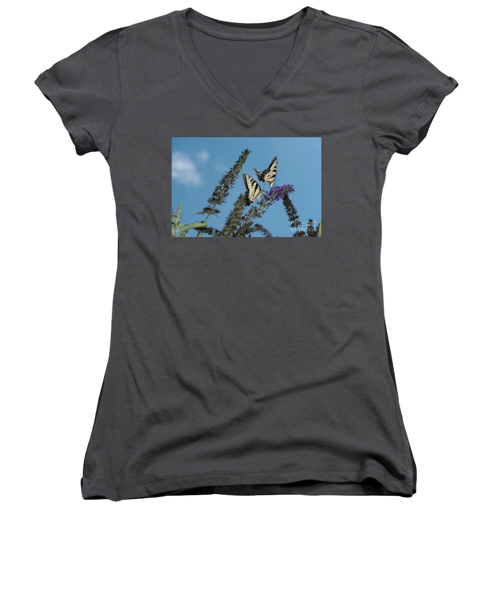Butterfly Women's V-Neck featuring the photograph Follow The Leader by Judy Wolinsky