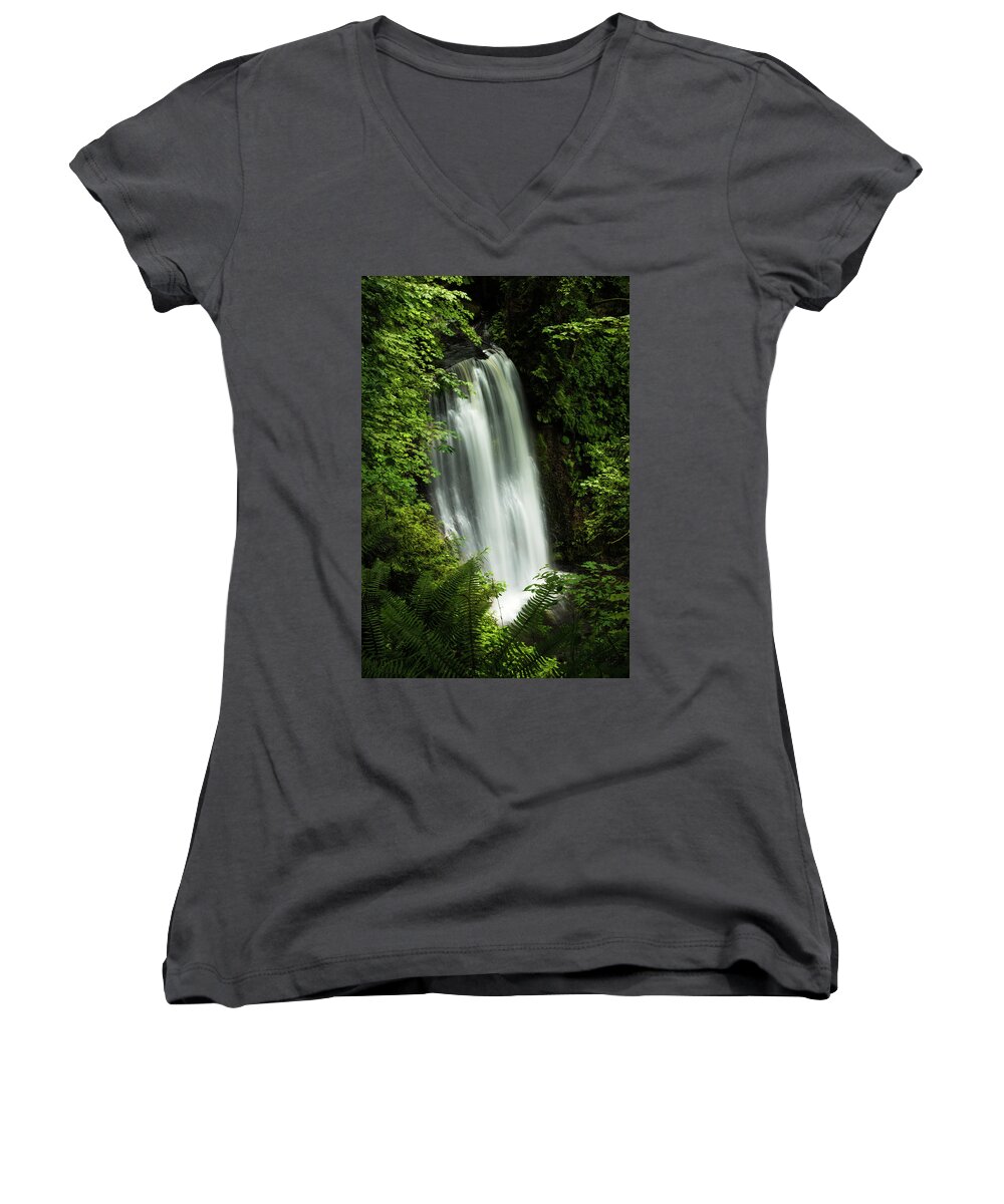Waterfall Women's V-Neck featuring the photograph Forest Waterfall #1 by Chris McKenna