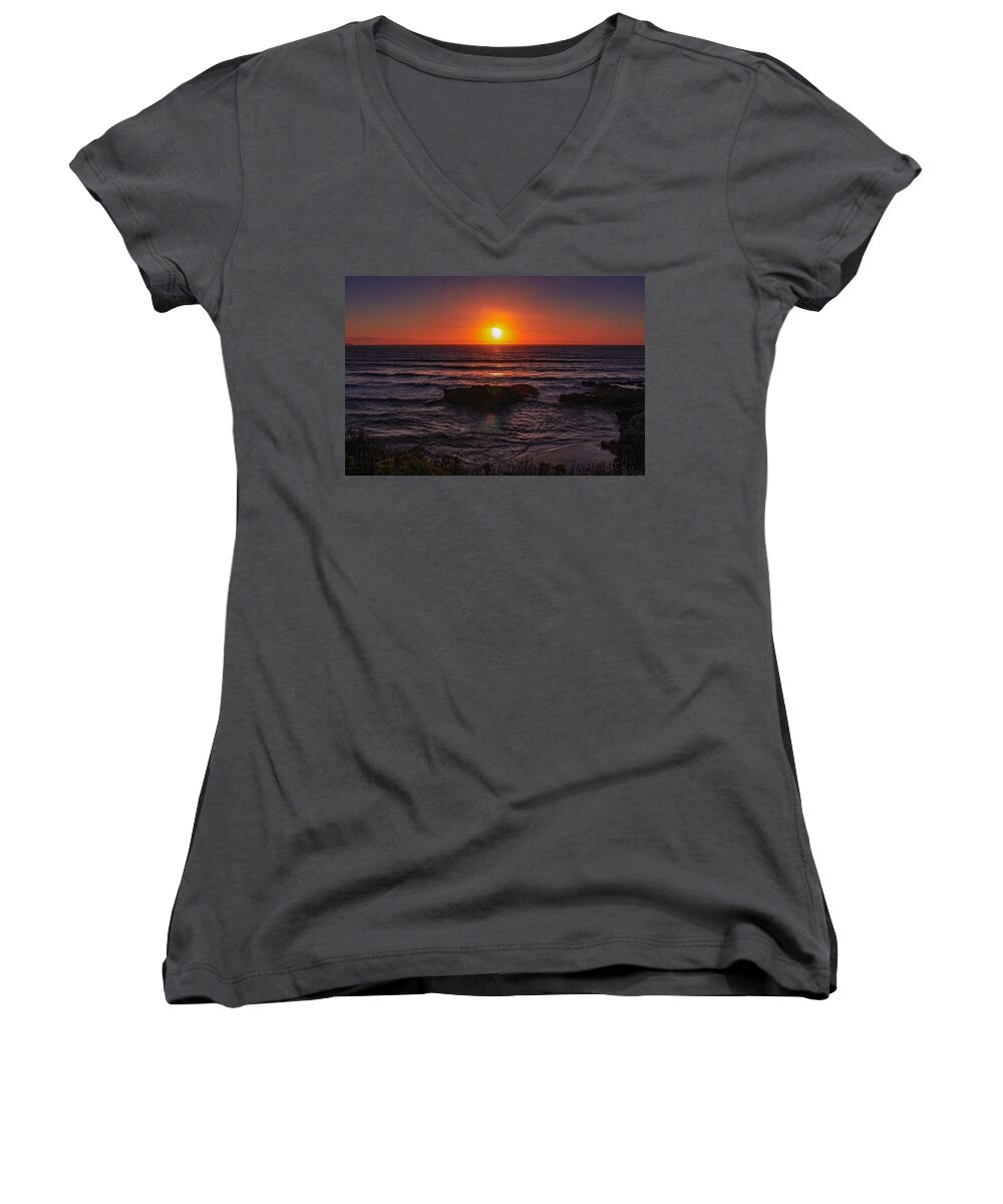 Landscape Women's V-Neck featuring the photograph Gwithian beach sunset #1 by Claire Whatley