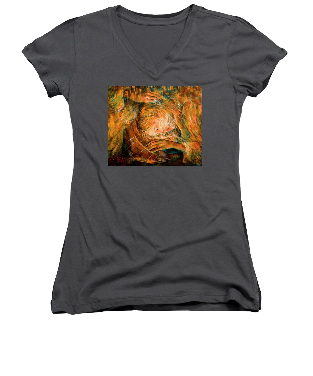 Mary Magdalene Women's V-Neck featuring the painting I Cried For You #1 by Nik Helbig