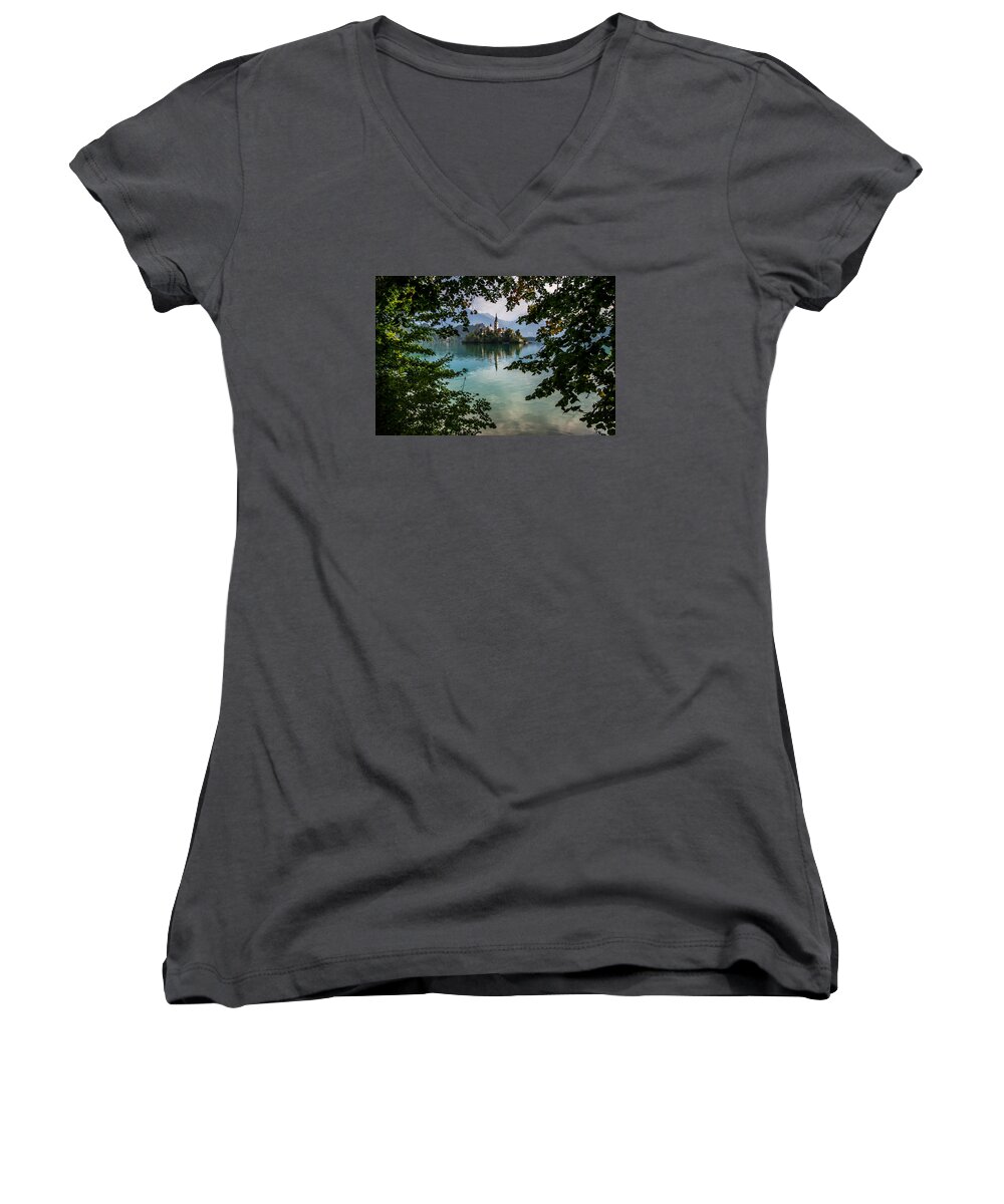 Lake Bled Women's V-Neck featuring the photograph Lake Bled #1 by Lev Kaytsner