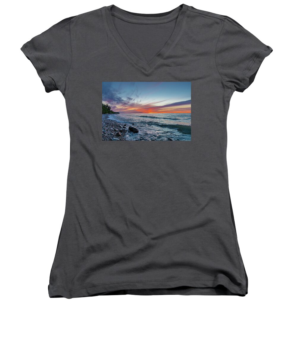 Au Sable Point Women's V-Neck featuring the photograph Lake Superior Sunset #1 by Gary McCormick