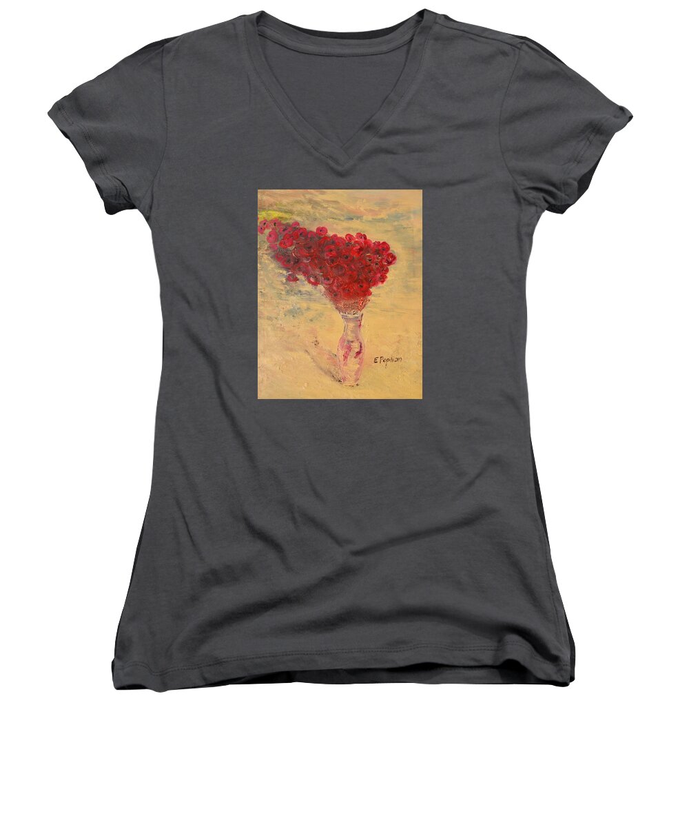 Poppies Women's V-Neck featuring the painting Lest We Forget by Evelina Popilian