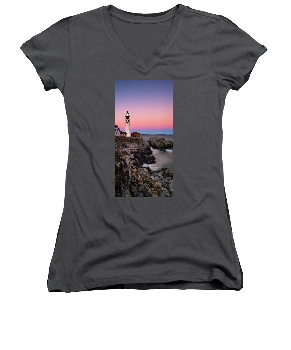 Maine Women's V-Neck featuring the photograph Maine Portland Headlight Lighthouse at Sunset Panorama #1 by Ranjay Mitra