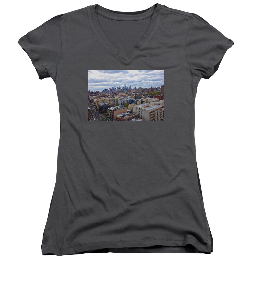 Freedom Tower Women's V-Neck featuring the photograph Manhattan Landscape #2 by Joan Reese