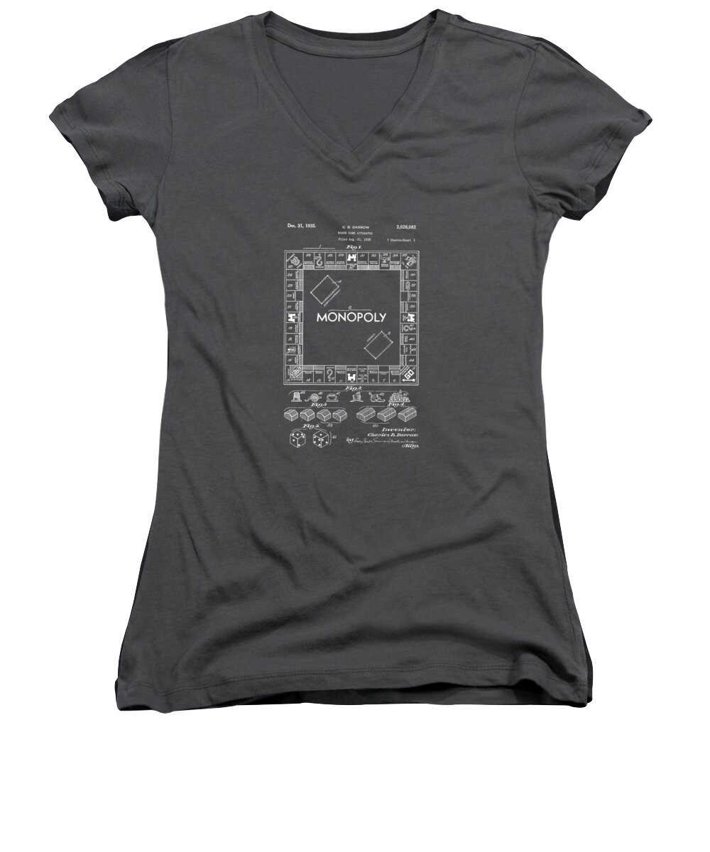 Tee Women's V-Neck featuring the drawing Monopoly Original Patent Art Drawing T-shirt #1 by Edward Fielding