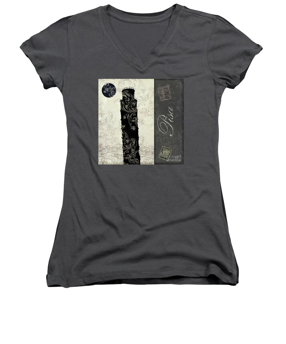 Tower Of Pisa Women's V-Neck featuring the painting Moon Over Pisa #1 by Mindy Sommers