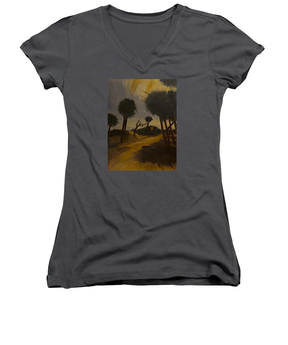 Pathway To Beach In The Moonlight On Summer Night With Palm Trees Women's V-Neck featuring the painting Moonlit path #2 by Kathy Knopp