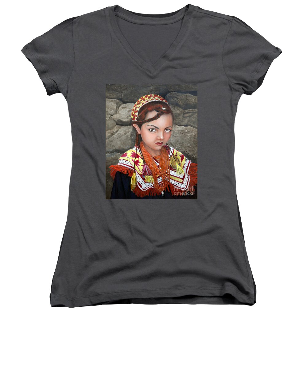 Figurative Art Women's V-Neck featuring the painting Pakistani Girl #1 by Portraits By NC