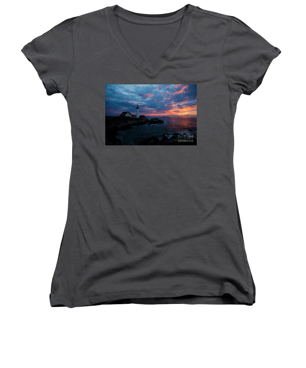 Lighthouse Women's V-Neck featuring the photograph Portland Head Light at Sunrise #1 by Diane Diederich