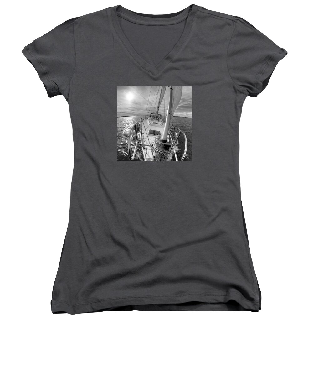Sailing Women's V-Neck featuring the photograph Sailing Yacht Fate Beneteau 49 Black and White #1 by Dustin K Ryan