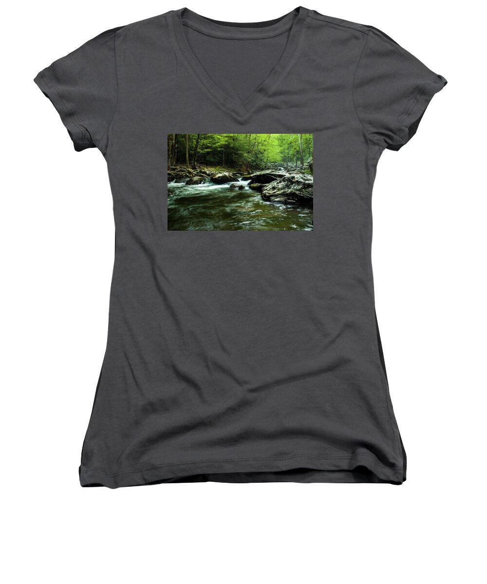 Great Smoky Mountains National Park Women's V-Neck featuring the photograph Smoky Mountain River #1 by Jay Stockhaus