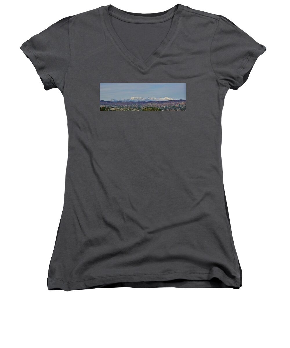 Linda Brody Women's V-Neck featuring the photograph Snow Capped San Gabriel Mountains Panorama 1 by Linda Brody