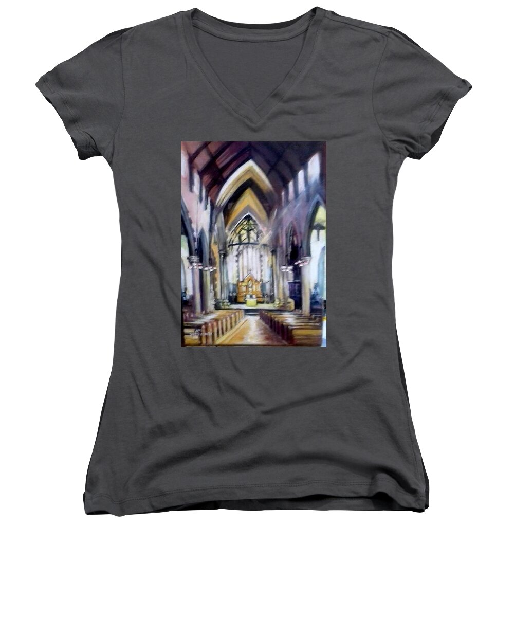 Inerior Women's V-Neck featuring the painting St Johns Cathedral Limerick Ireland #1 by Paul Weerasekera