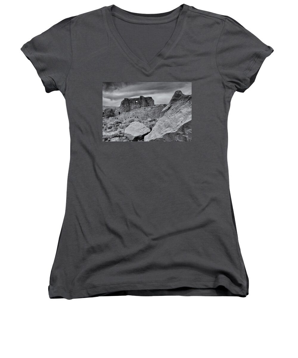 Chaco Canyon Women's V-Neck featuring the photograph Storm Clouds Over Chaco Ruins by Alan Vance Ley