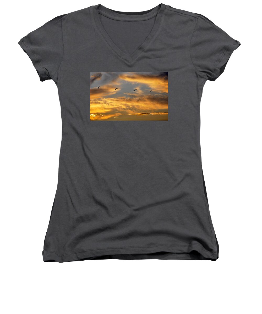 Sunset Women's V-Neck featuring the photograph Sunset Flight #1 by AJ Schibig