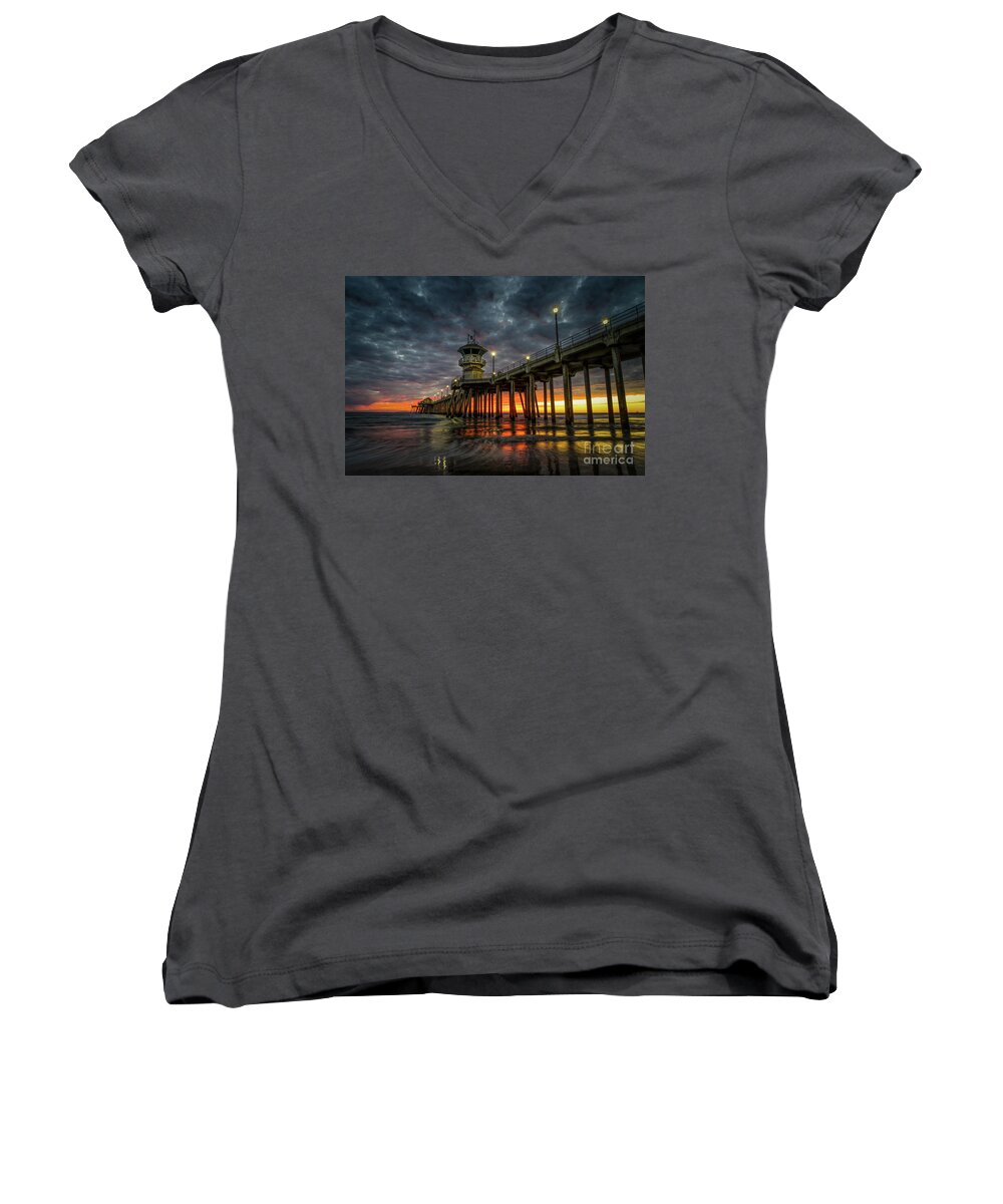 Beach Women's V-Neck featuring the photograph Sunset Huntington Beach Pier #1 by Peter Dang