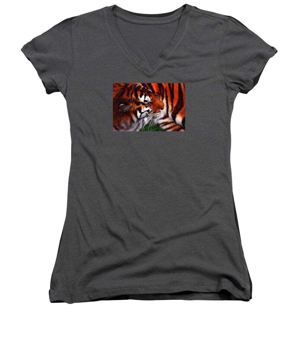 Tiger Women's V-Neck featuring the painting Tiger #1 by Prince Andre Faubert