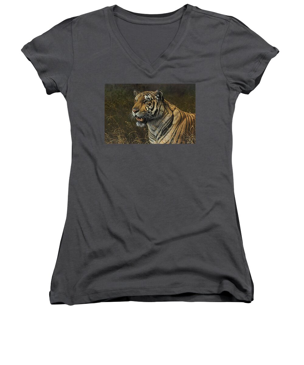Wildlife Paintings Women's V-Neck featuring the painting Tiger Portrait #1 by Alan M Hunt