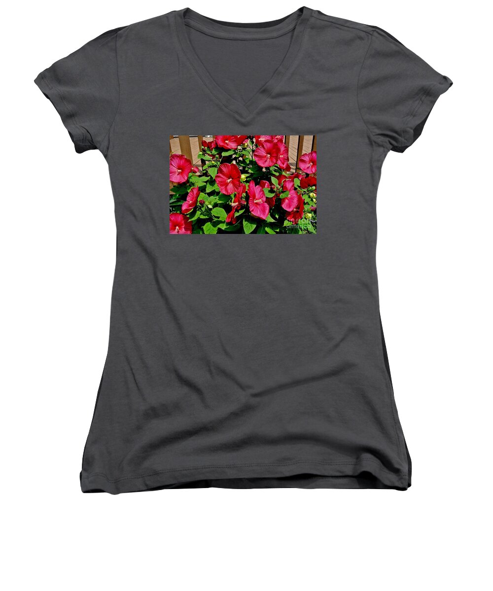 Photo Women's V-Neck featuring the photograph Tropical Red Hibiscus Bush by Marsha Heiken