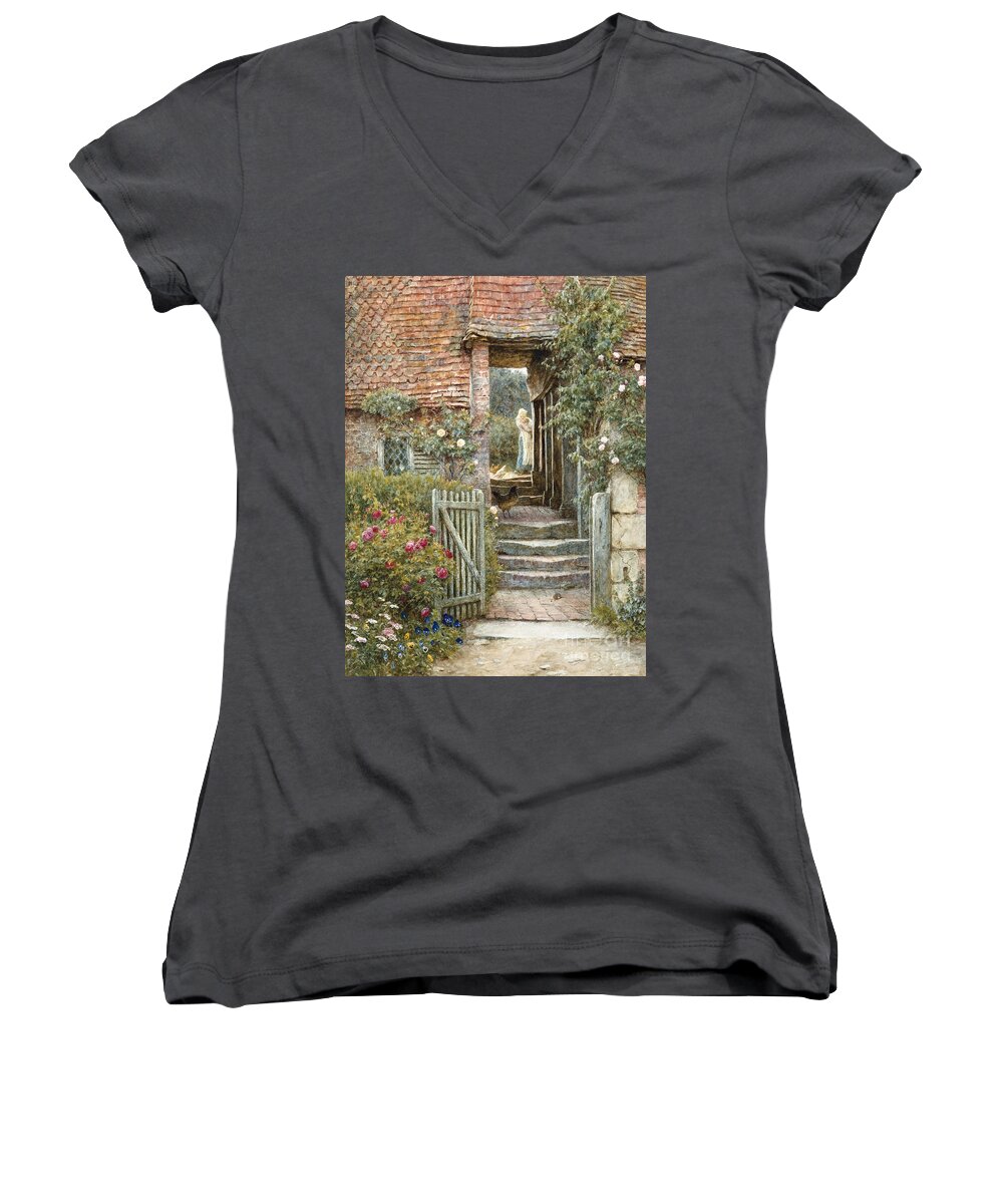 Cottage Women's V-Neck featuring the painting Under the Old Malthouse, Hambledon, Surrey by Helen Allingham