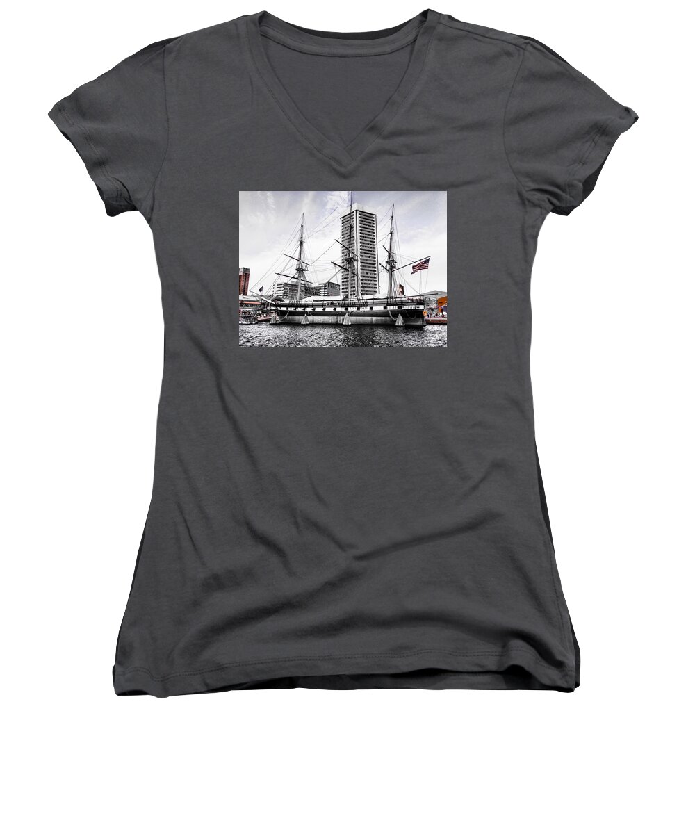 Ship Women's V-Neck featuring the photograph U.S.S. Constellation #1 by Chris Montcalmo