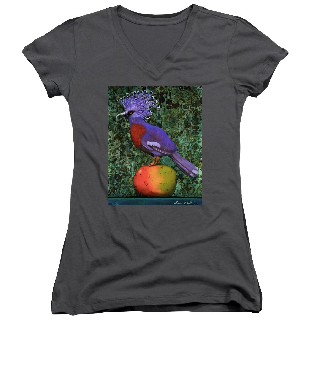 Victoria Crowned Pigeon Women's V-Neck featuring the painting Victoria Crowned Pigeon On A Mango #2 by Leah Saulnier The Painting Maniac