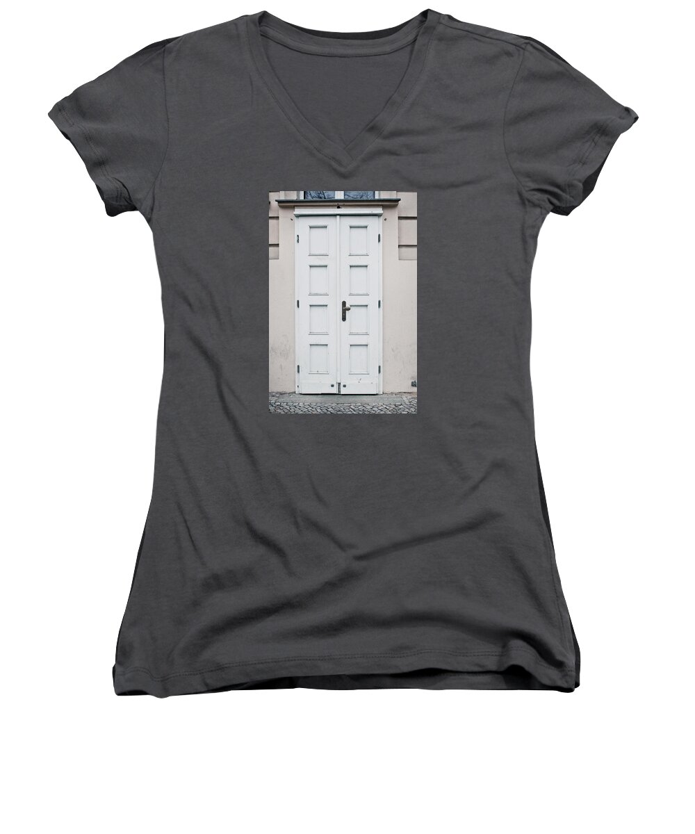 Access Women's V-Neck featuring the photograph White door #1 by Tom Gowanlock