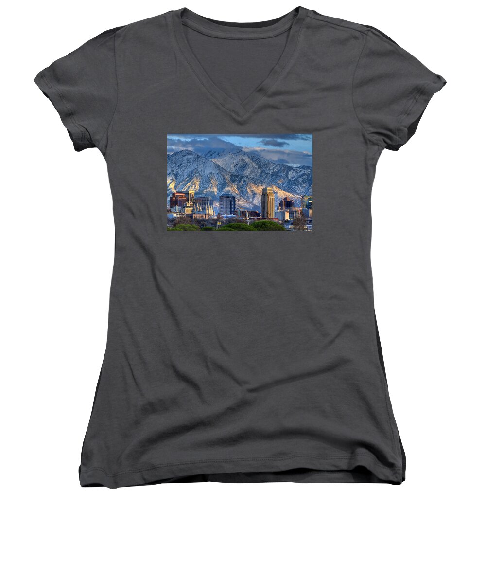 Salt Lake City Women's V-Neck featuring the photograph Salt Lake City Skyline #13 by Douglas Pulsipher