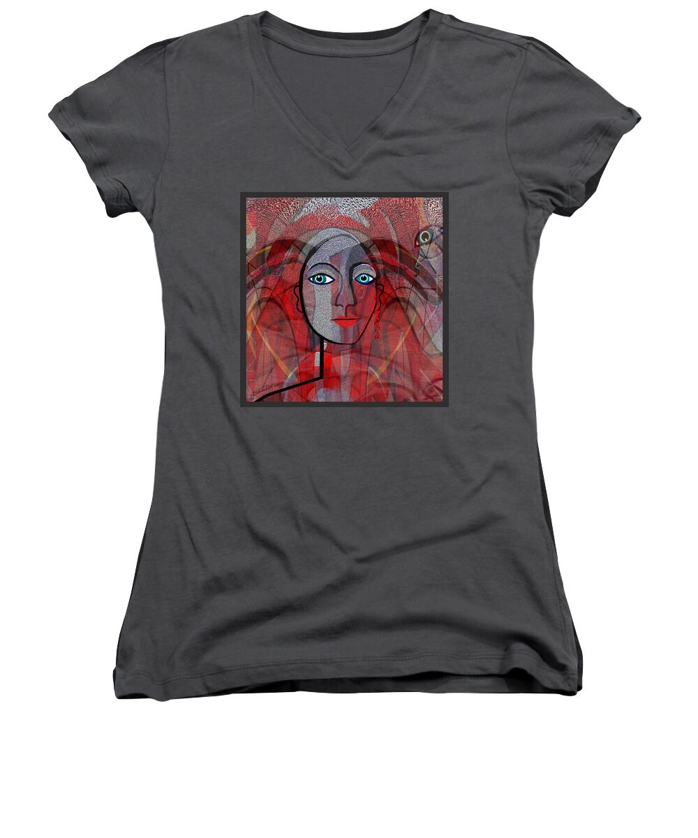 1459 Cubic Lady Face Women's V-Neck featuring the digital art 1459 Cubic Lady Face by Irmgard Schoendorf Welch