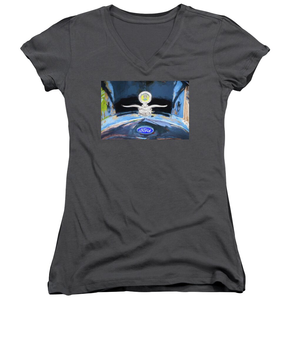 1929 Ford Model A Women's V-Neck featuring the photograph 1929 Ford Model A Hood Ornament Painted by Rich Franco