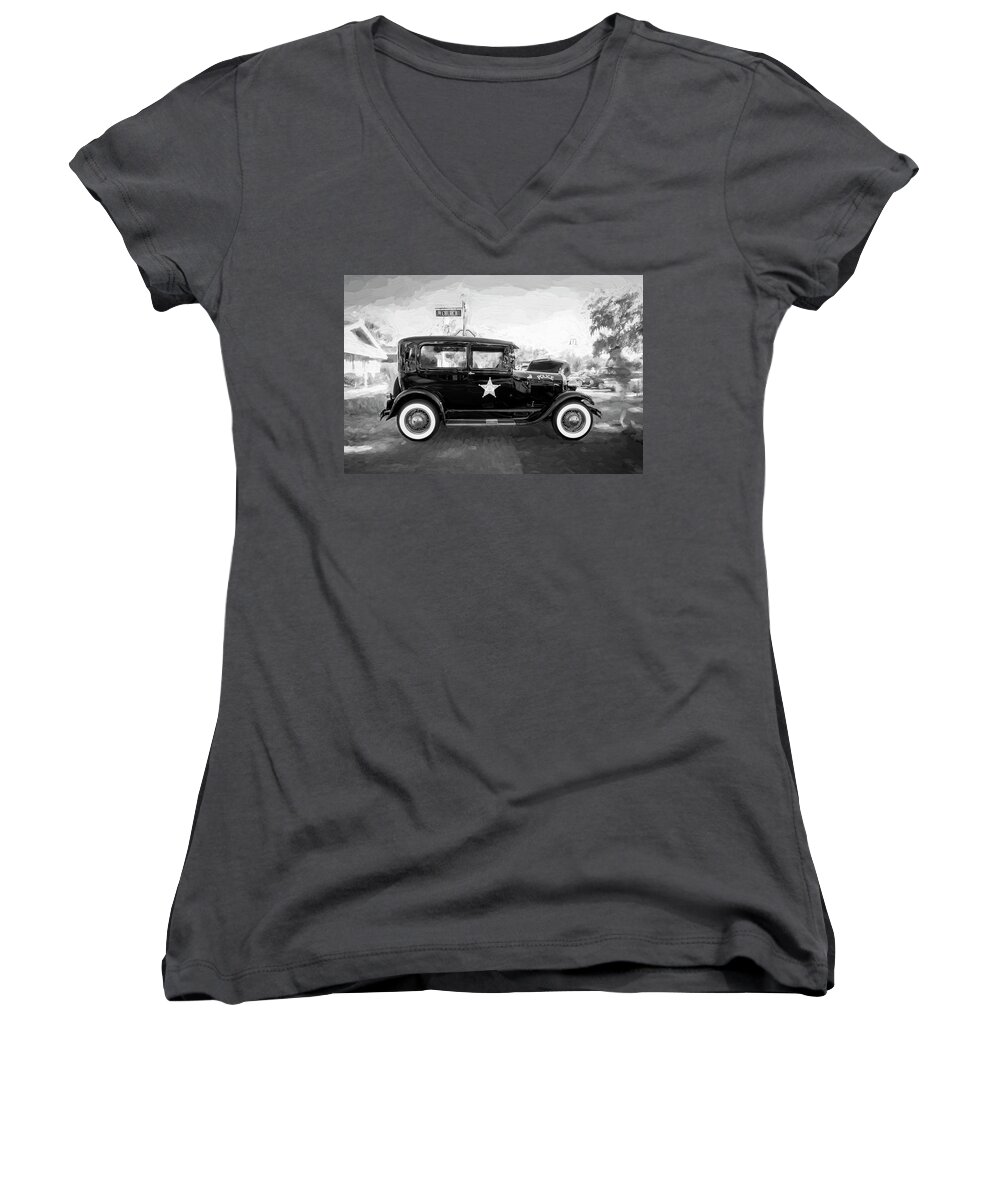 1929 Ford Model A Women's V-Neck featuring the photograph 1929 Ford Model A Tudor Police Sedan BW by Rich Franco