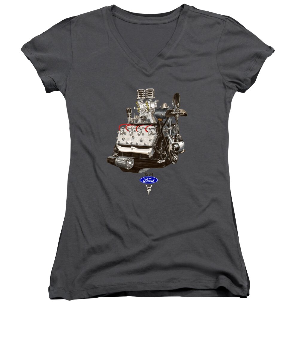 Flathead Ford V 8 Women's V-Neck featuring the painting 1934 Ford Flathead V 8 Tee Shirt by Jack Pumphrey