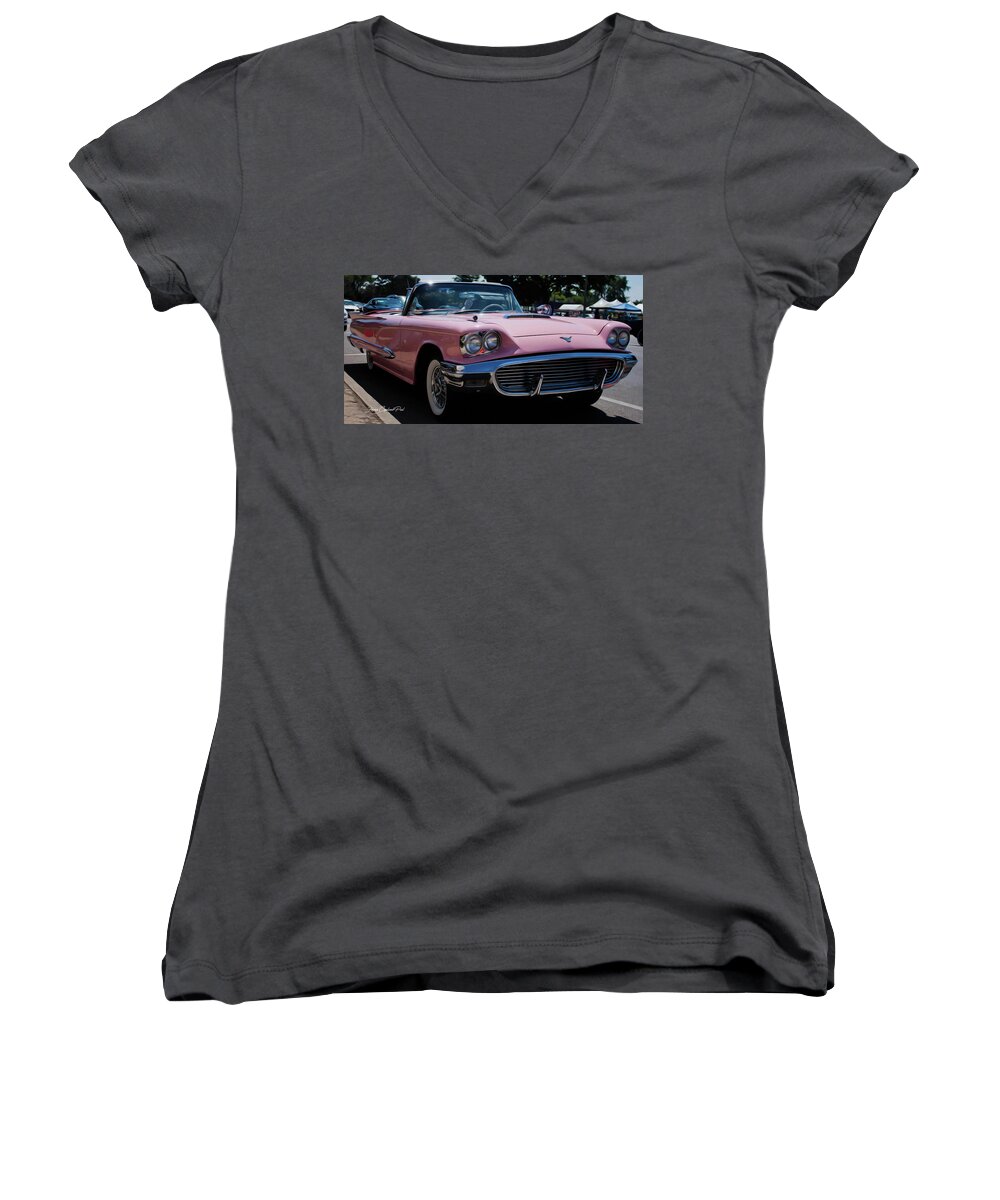 1959 Pink Ford Thunderbird Women's V-Neck featuring the photograph 1959 Ford Thunderbird Convertible by Joann Copeland-Paul