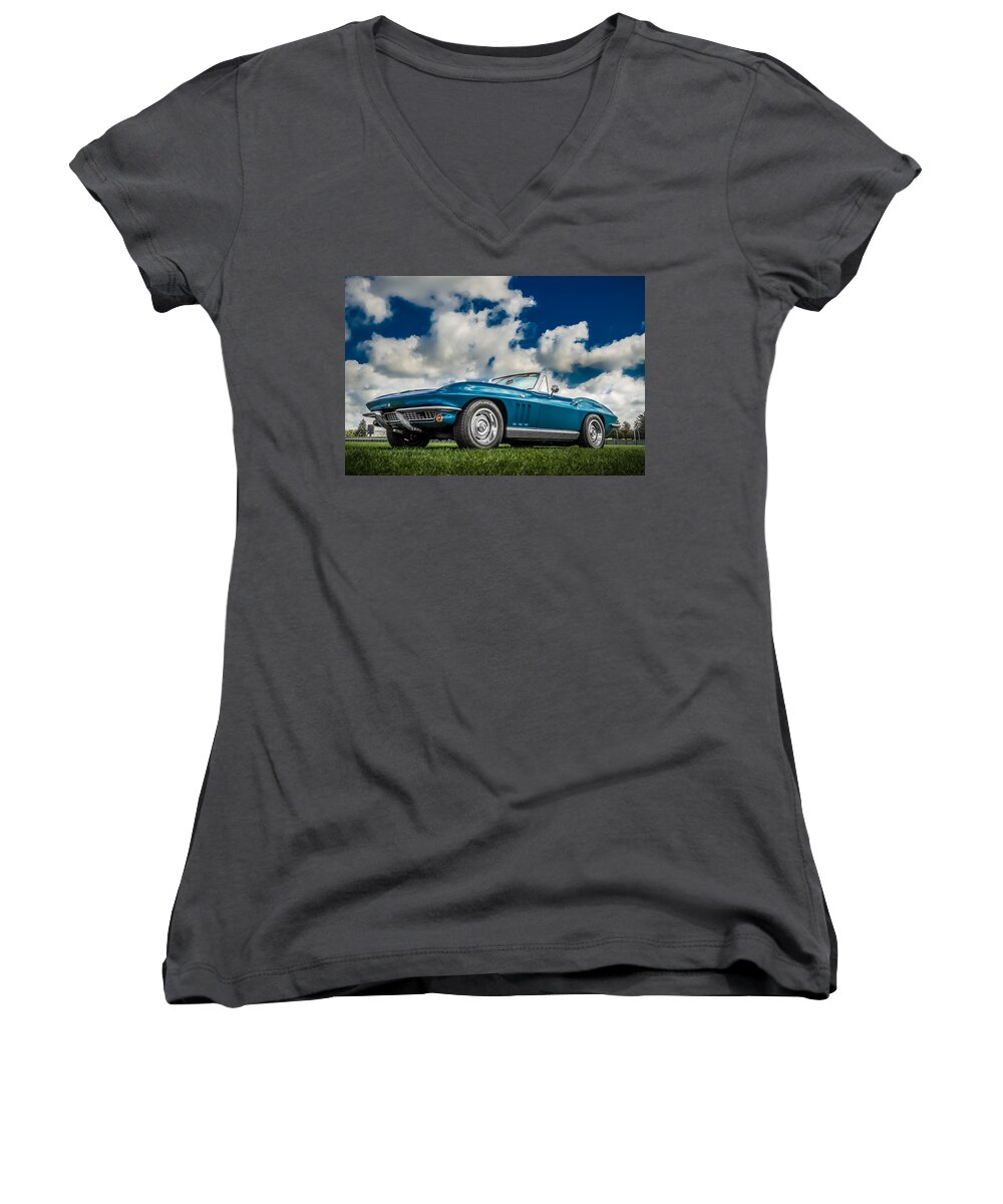 1963 Women's V-Neck featuring the photograph 1966 Corvette Stingray by Ron Pate
