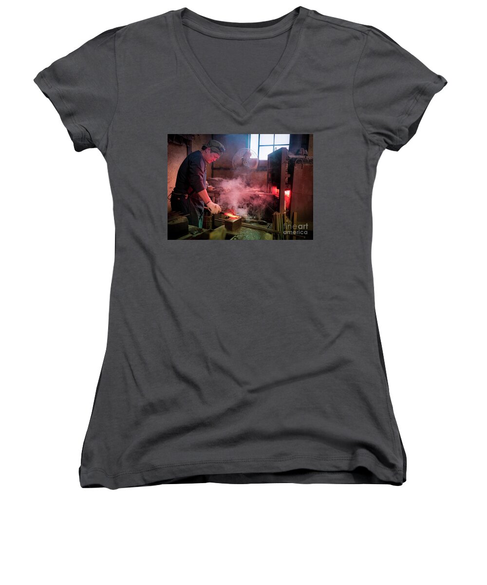 Blacksmith Women's V-Neck featuring the photograph 4th Generation Blacksmith, Miki City Japan #2 by Perry Rodriguez