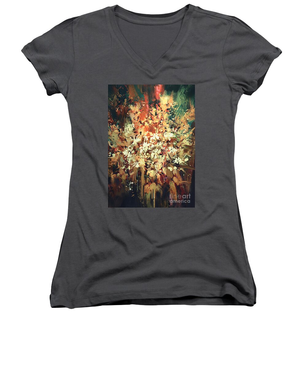 Art Women's V-Neck featuring the painting Abstract Flowers by Tithi Luadthong