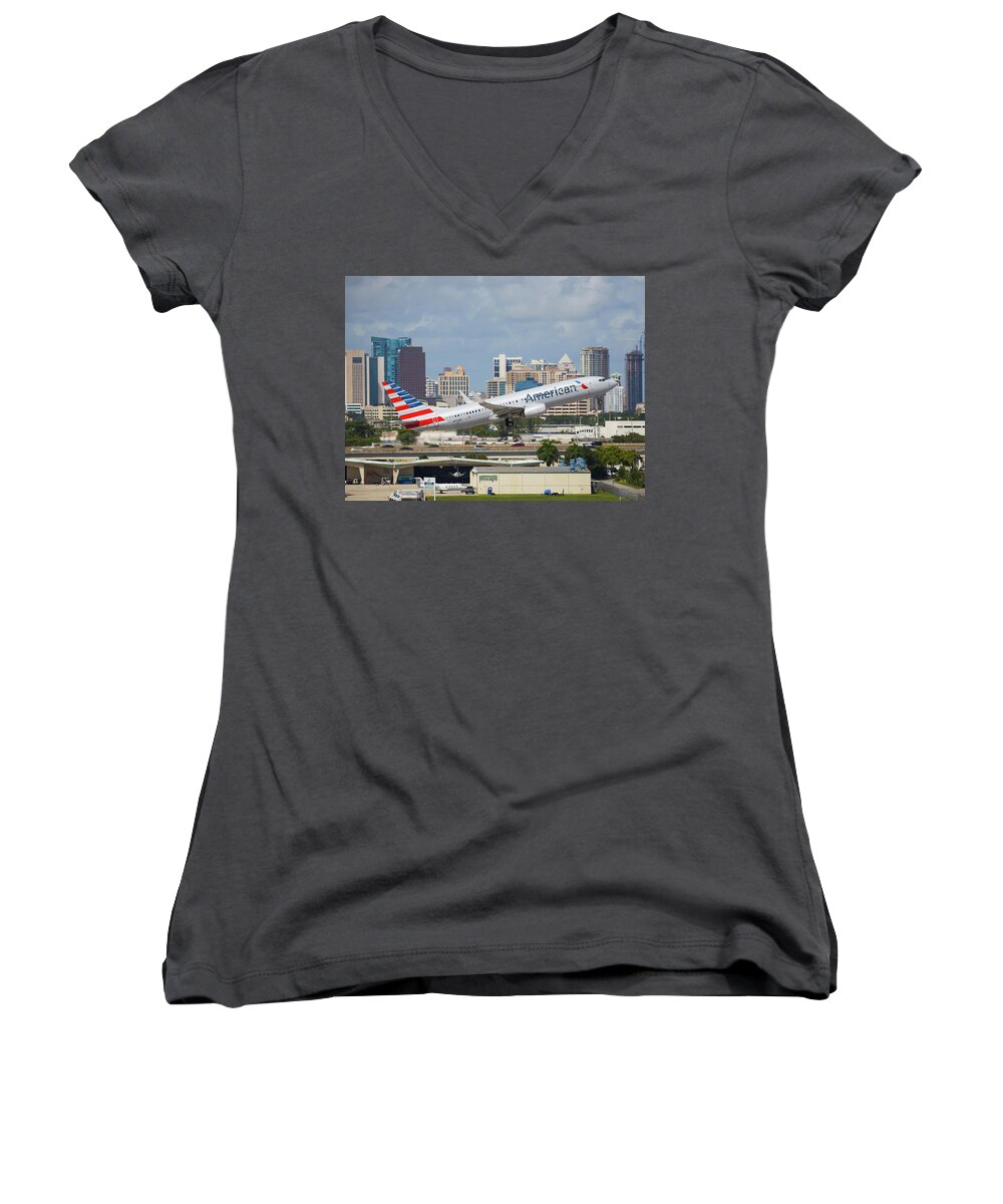 American Women's V-Neck featuring the photograph American Airlines #2 by Dart Humeston