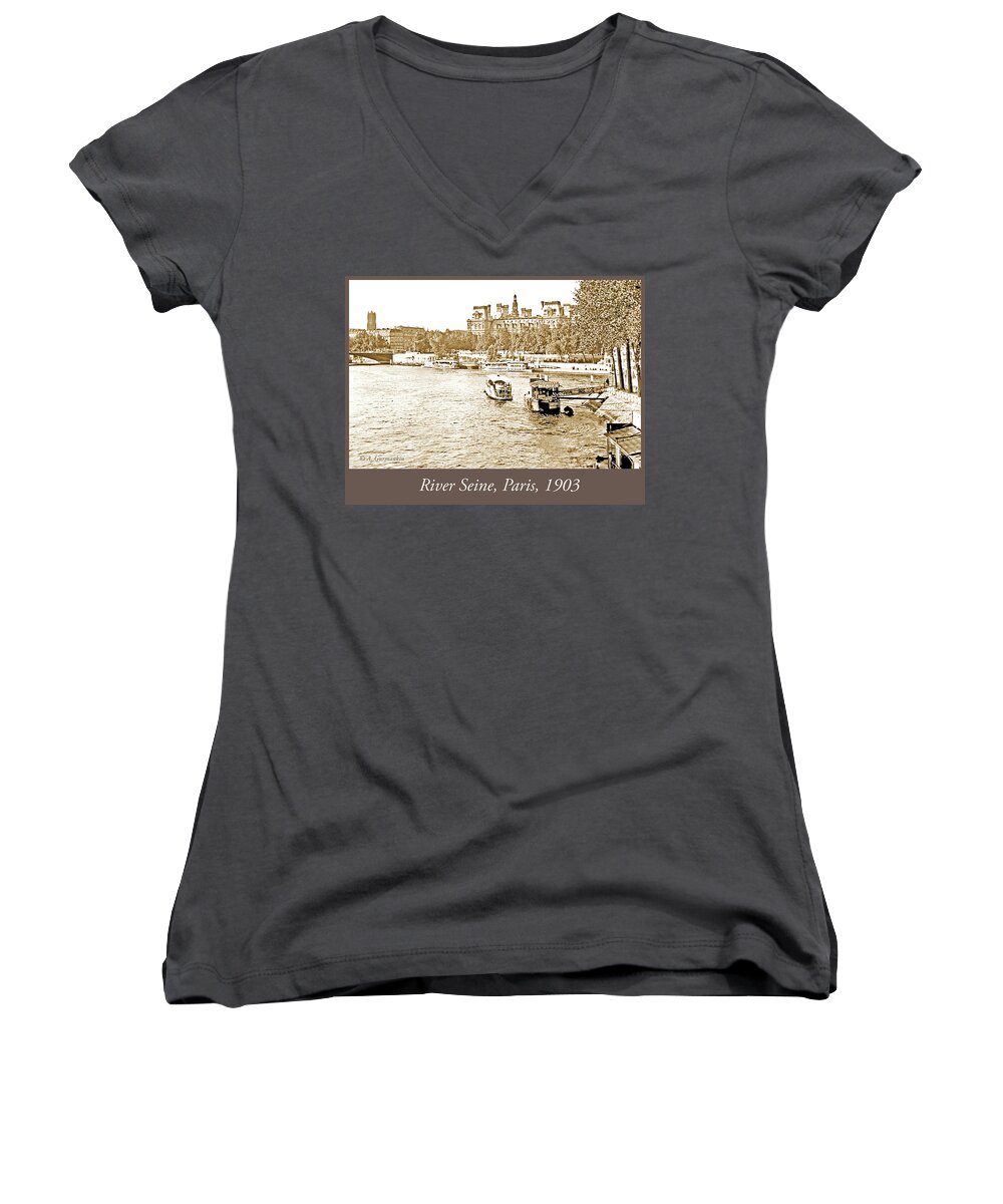 Boats Women's V-Neck featuring the photograph Boats in the Seine River, Paris, 1903, Vintage Photograph #3 by A Macarthur Gurmankin
