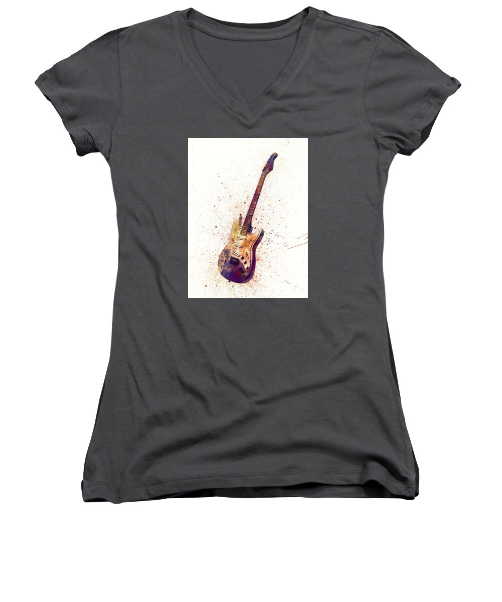 Electric Guitar Women's V-Neck featuring the digital art Electric Guitar Abstract Watercolor #2 by Michael Tompsett