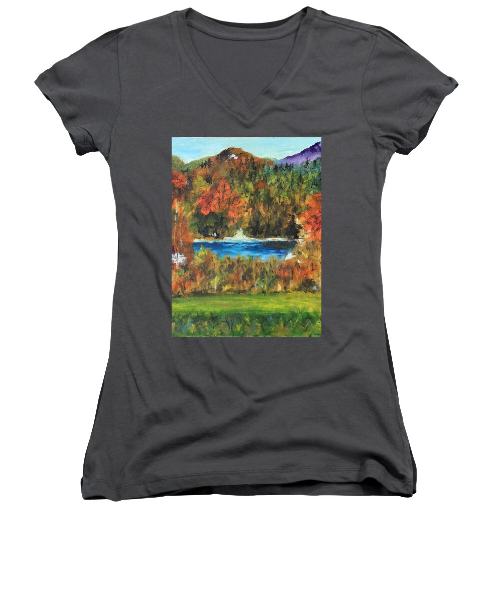 Adirondack Mountains Women's V-Neck featuring the painting Fall in the Adirondacks #2 by Lucille Valentino
