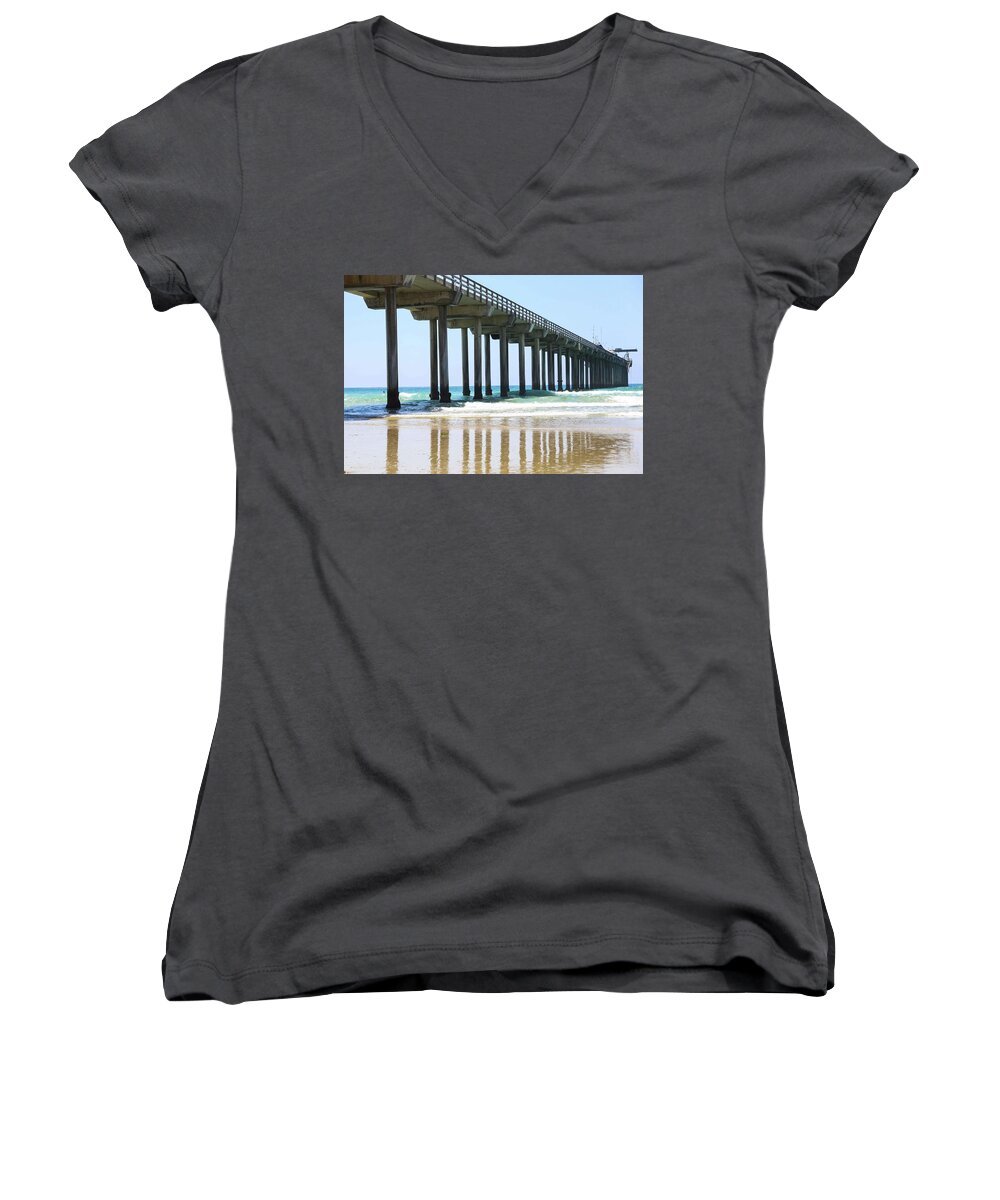 Scripps Pier Women's V-Neck featuring the photograph Into the Ocean #1 by Brandy Little