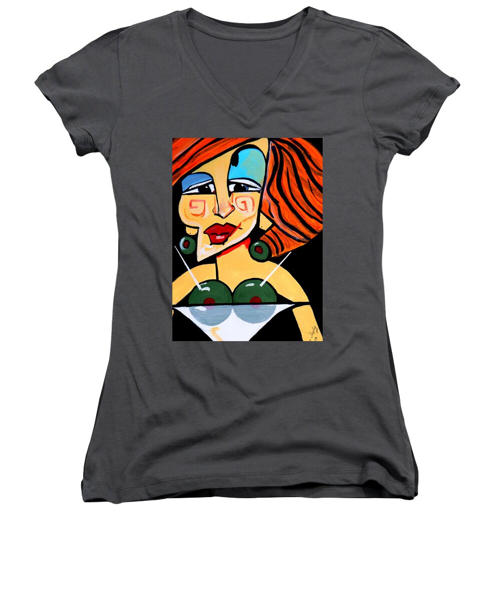 Picasso By Nora Women's V-Neck featuring the painting Big Boobs Picasso By Nora by Nora Shepley