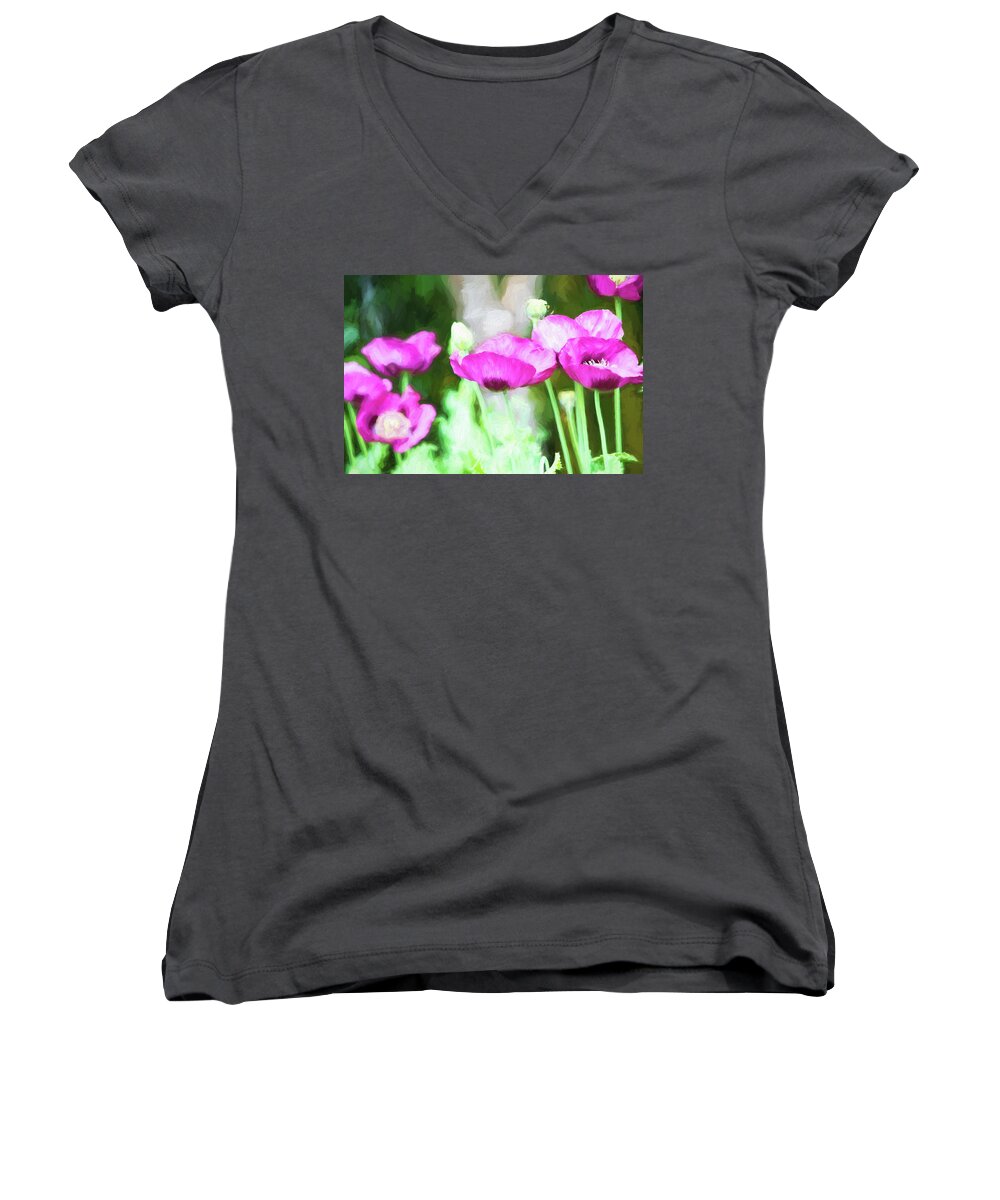 Painted Photo Women's V-Neck featuring the painting Poppies #2 by Bonnie Bruno