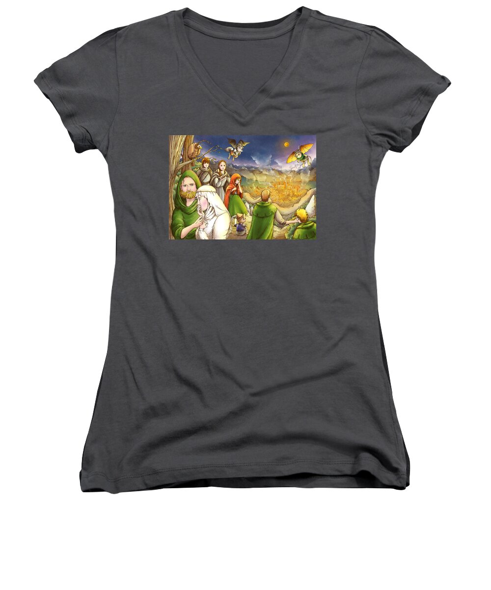 Robin Hood Women's V-Neck featuring the painting Robin Hood and Matilda #1 by Reynold Jay