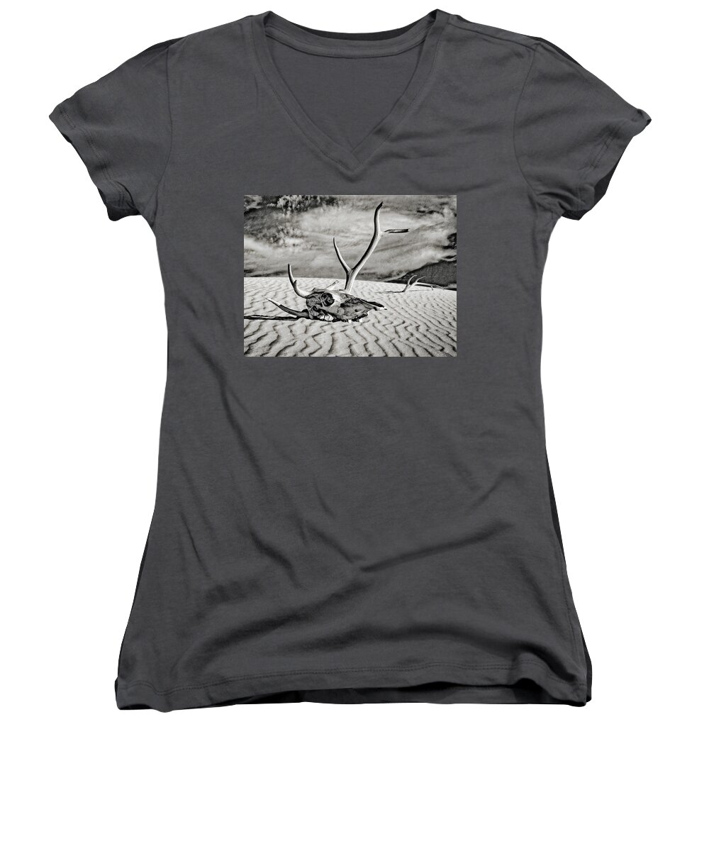 Cow Skull Women's V-Neck featuring the digital art Skull and Antlers #2 by Sandra Selle Rodriguez