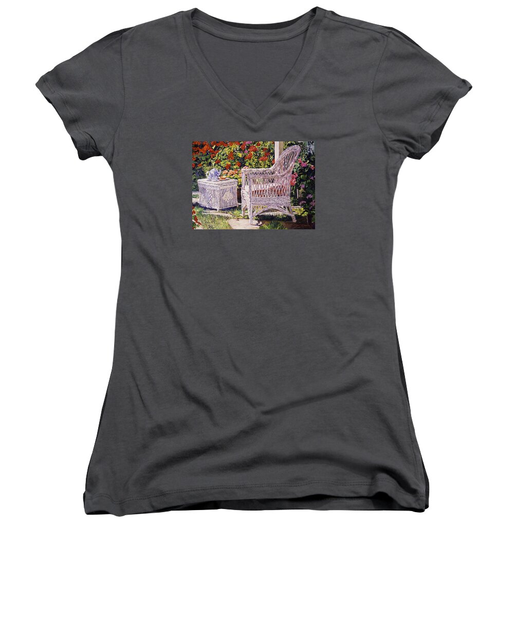 Garden Women's V-Neck featuring the painting Tea Time #2 by David Lloyd Glover
