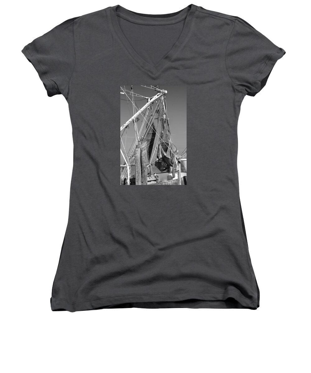 Apalachicola Women's V-Neck featuring the photograph 201503140-097K Hanging Fishing Nets BW 2x3 by Alan Tonnesen