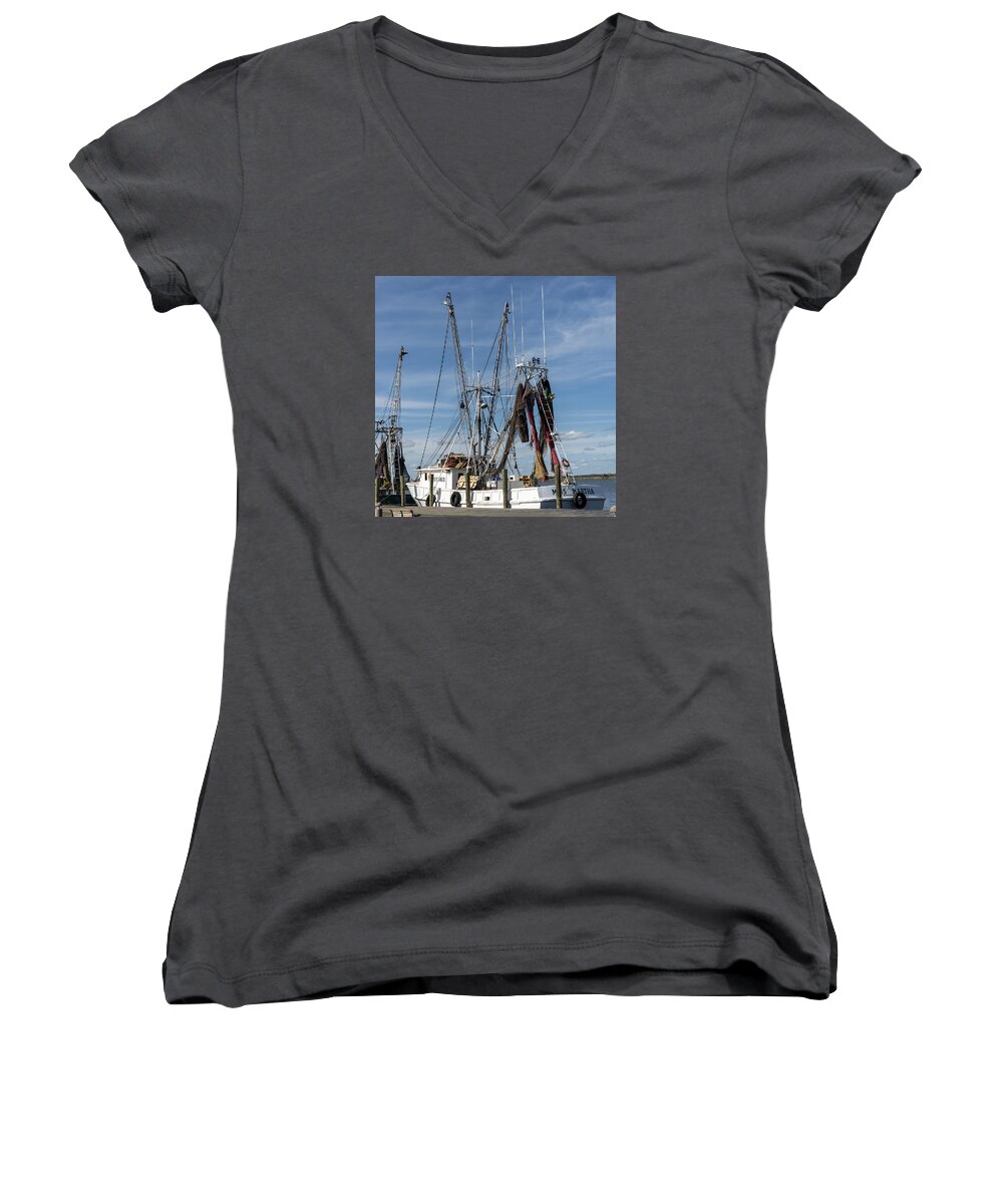 Apalachicola Women's V-Neck featuring the photograph 291593140-086P Fishing Boat at Wharf 1x1 by Alan Tonnesen
