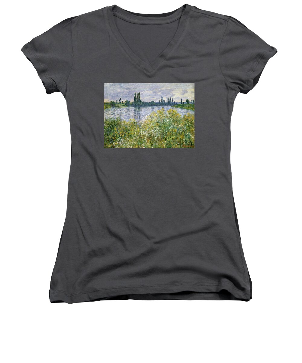 Artist Women's V-Neck featuring the painting Banks of the Seine, Vetheuil #4 by Claude Monet